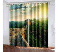 Rideaux d'Extérieur Occultant, Rideau Occultant Western Vert Marron Paysage de La Grande Muraille Polyester Lot de 2 214x244cm