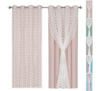 Rideaux double couche œillets Rideau de fenêtre 2 paires rose pompon Rideau occultant Tulle Rideaux chambre enfants, 132x243cm