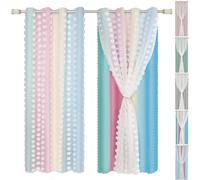 Rideaux double couche œillets Rideau de fenêtre 2pcs Ombre Pompom Rideau occultant Tulle Rideaux chambre enfants, 132x213cm