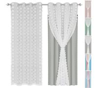 Rideaux double couche Œillets Rideau de fenêtre Lot de 2 gris Pompom Rideau occultant Tulle Rideaux chambre enfants, 132x160cm