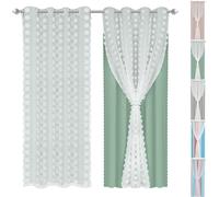 Rideaux double couche oeillets Rideau de fenêtre 2 paires Vert Pompom Rideau occultant Tulle Rideaux chambre enfants, 132x213cm