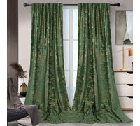 Rideaux en Velours, Vert Foncé Rideau Occultant Thermiques, Rideaux à Oeillets Élégant avec Impression à La Feuille d'or, Décoration pour Chambre Salon, Lot de 2 (L132xH 244cm)