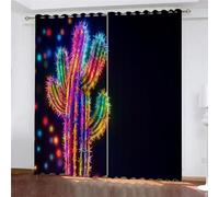 Rideaux Et Draperies Intérieurs 3D Cactus Lumineux Fond Noir Motif Rideau Occultant Thermiques pour Chambre Salon Lot de 2 Rideaux Décoration de Fenêtre à Oeillets 170 x 200 cm