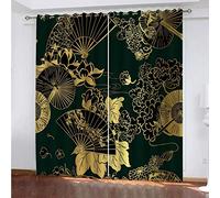 Rideaux Et Draperies Intérieurs Éventail Et Fleurs Dorés Moderne 3D Imprimé Motif Thermiques Isolants Anti Froid 140x240 Cm Rideau Occultants À Oeillets pour Chambre, 2 Panneaux