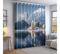 Rideaux et Draperies Occultant Thermique,Photographie Église Montagnes Enneigées Petit Panneaux à Oeillets Decoration Chambre Maison Cuisine Interieurs - 70L X 180H cm (2 Panneaux) Bleu