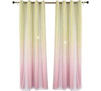 Rideaux étoile arc-en-ciel pour la chambre des filles, double couche de bandes colorées enfants rideaux occultants plus blanc Sheer salon rideaux de fenêtre (jaune & rouge, L52 x L95 pouces)