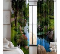 Rideaux Intérieurs Vert Paysages Naturels, Rideau À Oeillets Lot de 2Parc Fleurs Plantes Ruisseau 110 X 215 Cm (Lxh) Doux Respirant Rideau Microfibre Filtrer Le Soleil pour Salon Chambre 2 Panneaux