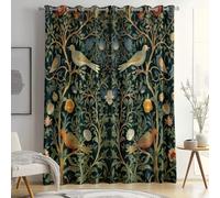 Rideaux Isolants 110L X 215H cm (2 Panneaux), Motifs William Morris Fleurs Oiseaux, Tenture Opaque Gris Clair pour Grande Chambre Vert Foncé