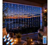 Rideaux lumineux à énergie solaire,2 x 2 m 200 LED mini guirlande lumineuse à incandescence, lampes solaires de jardin, rideau de cascade suspendu, étanche (bleu + blanc)