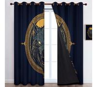 Rideaux Noir Occultants Isolant Thermique, Rideau Tête de Loup en colère Style Viking Nordique Occultant à Oeillets Enfants Adultes Chambre Salon Protection UV, Lot de 2 Rideaux 117 X 230 cm