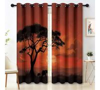Rideaux Occultant 110L X 215H cm Lot de 2 avec Oeillets, Orange-Noir Rideau Salon Chambre Cuisine Décontracté Afrique Savane Animal Éléphants Rideau Thermique Isolant Anti Froid pour Garçon et Fille