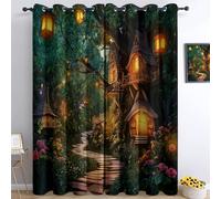 Rideaux Occultant 70L X 260H cm Lot De 2 avec Oeillets, Protection Contre Le Froid et la Chaleur Fantasy Forêt Enchantée Cabane Rideaux Imprimé pour Le Salon Chambre à Coucher Couleur