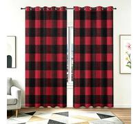 Rideaux Occultant 75L X 166H cm Lot de 2 avec Oeillets, Noir Et Rouge Rideau Salon Chambre Cuisine Britannique Classique Géométrique Tartan Rideau Thermique Isolant Anti Froid pour Garçon et Fille