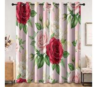 Rideaux Occultant Champêtre Aquarelle, Thermiques Isolation 75 x 166 cm | Rideaux Rose Fleur Roses Pivoines Boutons Fleur Feuilles Vertes Anti Chaleur Froid Lot de 2 Rideau pour Chambre Salon Cuisine