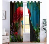 Rideaux Occultant Dessins Animés Contes Fées Champignons Lanternes, Vert Lot de 2 Rideau Thermique Isolant Tenture Opaque avec Œillets Draperies pour Salon, Chambre Enfants Fenetre 100 x 110 cm