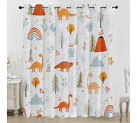 Rideaux Occultant Dinosaure de Dessin Animé, Rideaux Volcan Pins, Rideau Thermique Isolant pour Salon Chambre, Motif Dessiné à la Main, Lot de 2 Décoration de Fenêtre Opaque à Oeillets 140x145 cm LxH