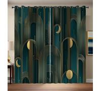 Rideaux Occultant Élégance Luxe, Lune Arche Rideaux Thermiques Isolants Anti Chaleur À Oeillets pour Chambre Salon, 2 Panneaux, 135 L x 160 H cm, Bleu Sarcelle Foncé Doré