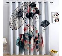 Rideaux Occultant Motif Geisha de Style Japonais 3D Impression Isolant Thermique Isolant phonique 100% Rideaux Occultant à Oeillets Douceur Chambre Garçon Fille Blanc 2 Panneaux 75 x 166 cm(LxH)