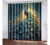 Rideaux Occultant Peacock Vert Or Rideau Salon Chambre Décoration 2 Pièces Polyester Lavable avec Oeillets Rideau Thermique Isolant Anti Froid 2x85x200 cm