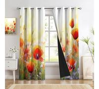 Rideaux Occultant Pour Chambre À Coucher Salon Cuisine Oeillets Isolation Thermique Rideau Coquelicot Rouge Thème Floral Rural Polyester Rideau Fenêtre 140 X 225 Cm, 2 Panneaux