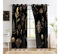 Rideaux Occultant Pour Chambre À Coucher Salon Cuisine Oeillets Isolation Thermique Rideau Feuille D'Or Fleurs Sauvages Élégantes Botaniques Luxe Polyester Rideau Fenêtre 117 X 137 Cm, 2 Panneaux