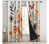 Rideaux Occultants 140L X 240H Cm Lot de 2 Bohème Fleurs Papillons Couleur Orange Anti-Lumière Thermiques Isolants avec Œillets Protection Contre Chaleur Et Froid