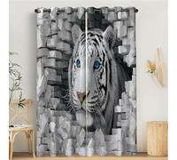 Rideaux Occultants 3D Tigre Blanc Mur De Briques 3D Animal Imprimé Rideau à Oeillets, Salon Chambre Enfant Décoration de Fenêtre, 132L X 213H cm 2 Panneaux Isolant Thermique Rideaux, Gris
