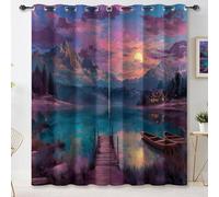 Rideaux Occultants à Œillets avec Rêve Paysage Coucher Soleil Pont en Bois lac Montagnes Imprimé, Coloré 2 Panneaux de L110×H215 cm, Rideaux Thermiques Isolants et Phoniques pour Chambre et Salon