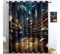 Rideaux Occultants À Isolation Thermique avec Œillets pour Chambre À Coucher Et Salon, Bibliothèque De Rêve Motif Décoration Intérieure 70L X 240H cm (2 Panneaux) Bleu Marron