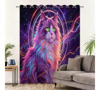 Rideaux Occultants À Oeillets Chats sous Un Ciel étoilé Animaux Néon | Rideau Opaque Isolant Thermique Phonique Fenetre Decoration Chambre Maison Salon Intérieurs, 75L x 166H cm Lot De 2