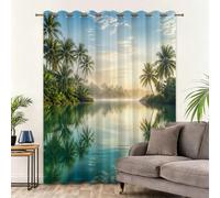 Rideaux Occultants À Oeillets Palmiers Paysages Tropicaux | Rideau Opaque Isolant Thermique Phonique Fenetre Decoration Chambre Maison Salon Intérieurs, 110L x 215H cm Lot De 2