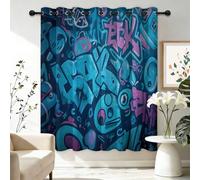 Rideaux Occultants Dessin Animé Art Graffiti Rideaux Thermiques Isolants Anti Froid Rideau À Oeillets Bleu Imprimé pour Salon Chambre Fenetre Décoration, 70 L x 160 H cm (2 Panneaux)
