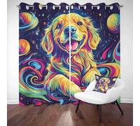 Rideaux Occultants Enfant Amoureux des Chiens Golden Retriever Rideau Thermique Isolant Science Fiction Planète Tenture Murale Chambre Garçon Fille, Salon Polyester à Oeillets 2 Panneaux, 117 x 138cm