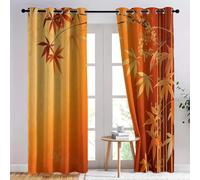 Rideaux Occultants Feuilles De Bambou Rideau Occultant Thermique Isolant, Rideau Imprimé Style Oriental avec Oeillets pour Chambre, Salon, Lot de 2 Rideaux 140x240 cm A-2180