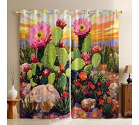 Rideaux Occultants Fleurs de Cactus 2 Pièces Thermiques avec Œillets, Décoratifs et Opaques Vert en Tissu Isolant pour Chambre Enfant, Salon ou Cuisine 140L X 280H cm