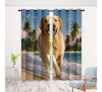 Rideaux Occultants Golden Retriever, Lot de 2, 80 x 140 cm, Rideau Animaux Plage Palmier 3D Thermique Isolant, Paysage Océan Rideaux Anti Froid à œillets pour Salon et Chambre