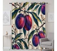 Rideaux occultants imprimés avec prune, 140L X 200H cm (2 Panneaux) | motif de prune avec feuilles et fleurs, style botanique champêtre teinte violette, Rideaux pour chambre d'amis