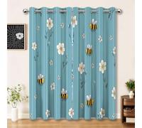 Rideaux Occultants Imprimés Bleu Jaune, Rideau Thermique Isolant avec Motif Dessin animé Mignon Abeille Fleur, Tissu Épais Anti-Lumière pour Chambre Salon, Rideaux Décoration, 2 Panneaux L140×H280 cm