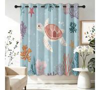 Rideaux Occultants Imprimés Bleu, Rideau Thermique Isolant avec Motif Dessin animé Mignon Tortues Corail, Tissu Épais Anti-Lumière pour Chambre Salon, Rideaux Décoration, 2 Panneaux L140×H245 cm