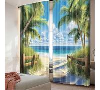 Rideaux occultants océan Palmier Rideau Plage Tropical hawaïen côtier été Sable Bord de mer Paysage Marin Vert Bleu Paysage WxH/2x170x200cm