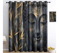 Rideaux Occultants Oeillets MéDitation Bambou Art Traditionnel ,Rideaux Isolant Thermique Anti Froid en Fibre Polyester pour Chambre D'Enfant et Salon Décore, Noir 2 Panneaux 140 x 245 cm(LxH)