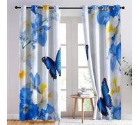 Rideaux Occultants Papillon Bleu Rideau Occultant Thermique Isolant, Rideau Imprimé Fleurs Naturelles avec Oeillets pour Chambre, Salon, Lot de 2 Rideaux 140x240 cm A-2130
