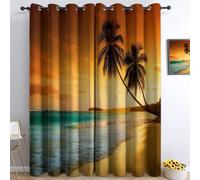 Rideaux Occultants Plage Tropicale Coucher De Soleil Palmiers L 110 X H 215 cm, Doux Moderne Or Isolant Thermique Occultant à Oeillets Rideaux 2 Panneaux pour Chambre et Salon