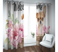 Rideaux occultants pour animaux d’art floral pour salon Chihuahua et motifs de fleurs en pivoines roses rideaux de fenêtre à œillets de confidentialité pour la chambre 2 panneaux B140xH280cm