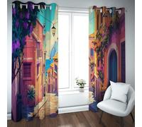 Rideaux occultants Rue Méditerranée pour Le Salon Aquarelle Paysages européens Rideaux Thermiques Rideaux de fenêtre isolés Extra Longs 2 Panneaux (W160xL245cm chacun)
