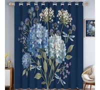 Rideaux Occultants Salon, Illustration Botanique Simple Enfants Panneaux De Rideaux Intérieurs, Draperies Bleu Marine, Hortensia Vintage Chambre Décoration Confidentialité Tentures 140X240 Cm X2