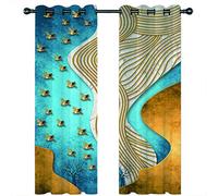 Rideaux Occultants Thermiques Pour Salon Et Chambre 3D Résumé D'Un Oiseau Volant Bleu Et Or Motif Rideau Thermique Isolant Anti Froid A Oeillets, Lot De 2 Rideaux Décoration De Fenêtre 140X160Cm