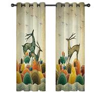 Rideaux Occultants Thermiques Pour Salon Et Chambre 3D Scène Colorée De Cerfs Et D'Oiseaux Bruns Et Verts Motif Rideau Thermique Isolant Anti Froid A Oeillets, Lot De 2 Rideaux Décoration De Fenêtr