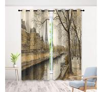 Rideaux Occultants Tour Eiffel, Lot de 2, 100 x 185 cm, Rideau Architecture Arbre Rivière 3D Thermique Isolant, Paysage Paris Rétro Rideaux Anti Froid à œillets pour Salon et Chambre