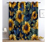 Rideaux Opaques à Effet Impression - Papillon Bleu Tournesol Thème 100% Occultants, Thermiques Isolants Anti Froid et Bruit 183 x 214 cm Éléments Aquarelle - pour Salon et Chambre Moderne